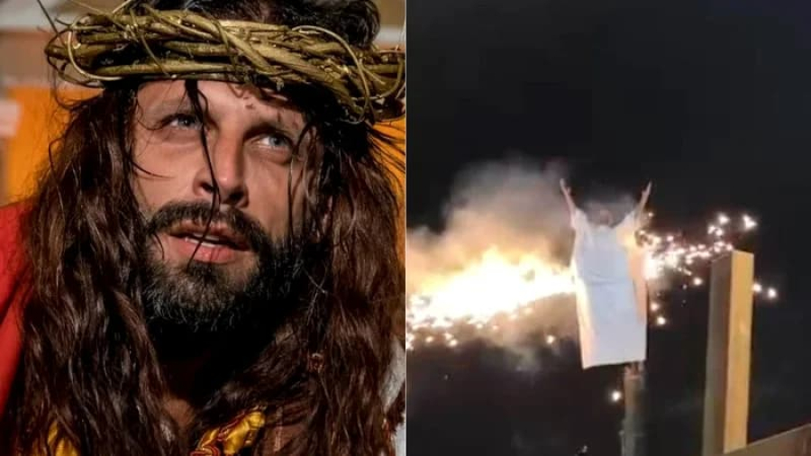 Ator Henri Castelli teve figurino atingido por fogo durante apresentação da Paixão de Cristo