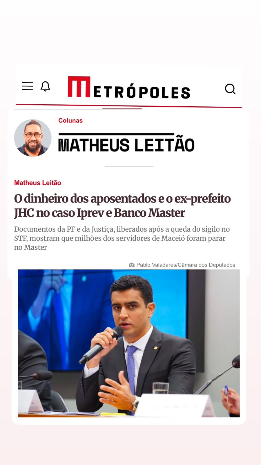 Metrópoles põe JHC no centro do caso dos R$ 97 milhões do Iprev