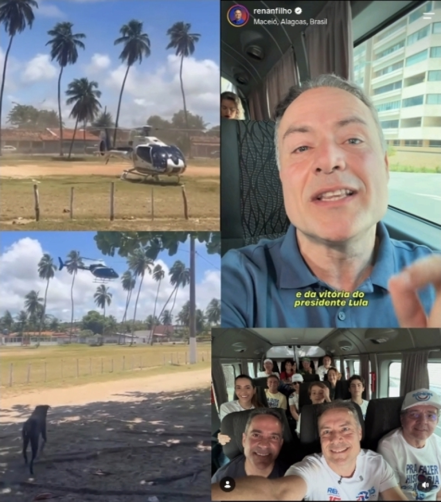 JHC e equipe ostentam dois helicópteros para chegar em Papueira; enquanto o Renan Filho faz percurso de Van junto com a staff de campanha